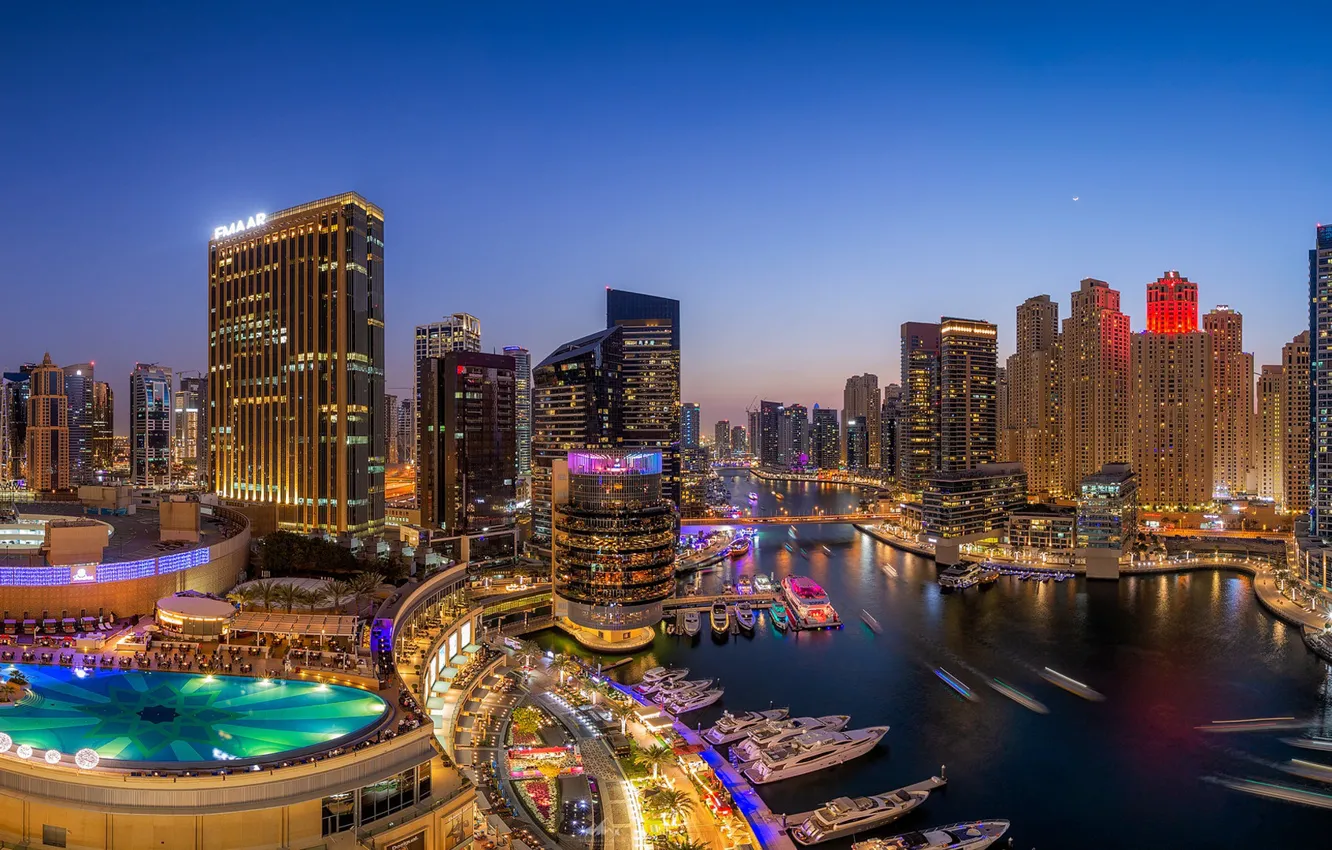 Фото обои здания, бухта, яхты, бассейн, панорама, залив, Дубай, ночной город
