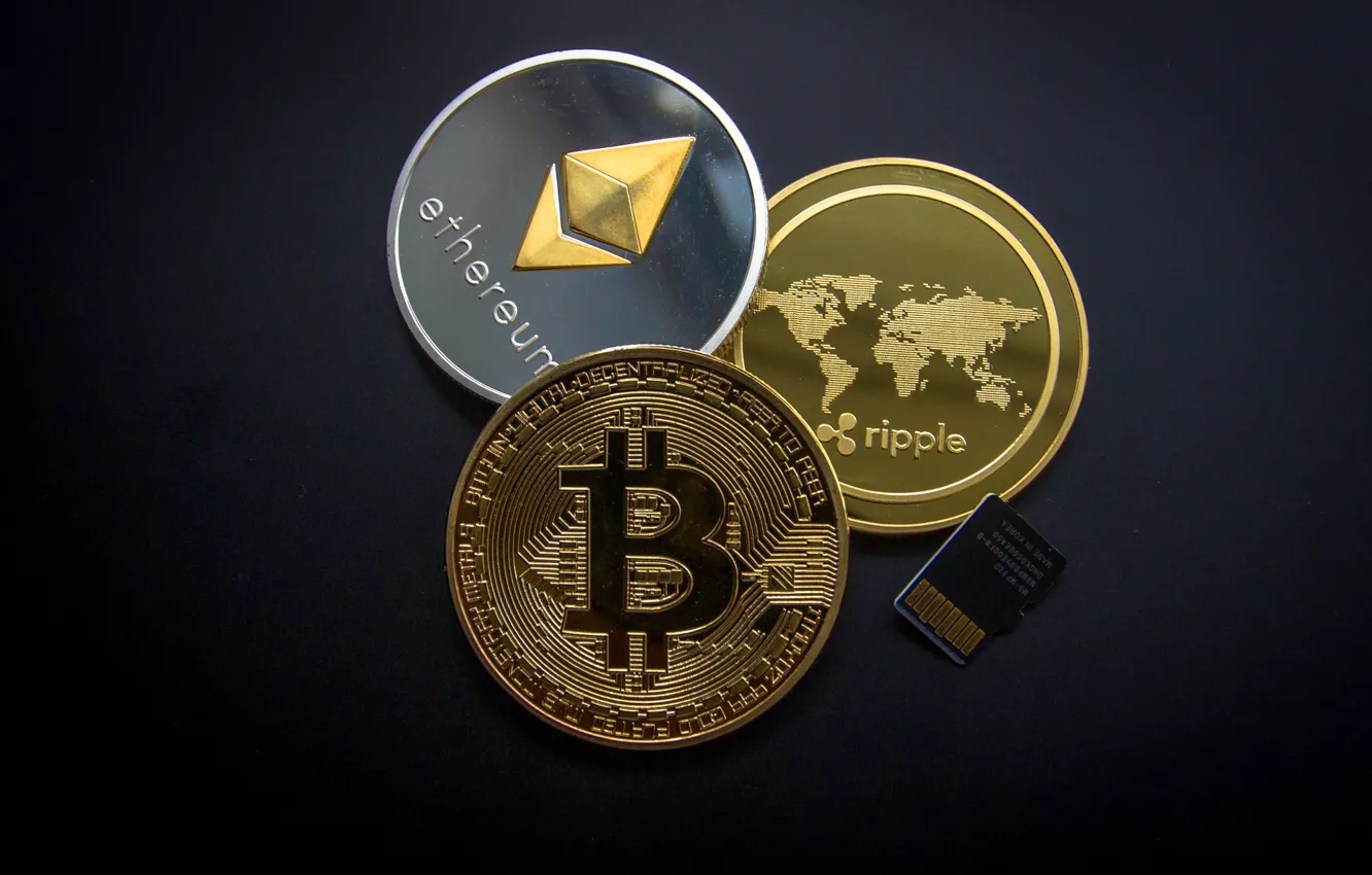 Фото обои монеты, coins, bitcoin, ripple, eth, btc, xrp, ethereum