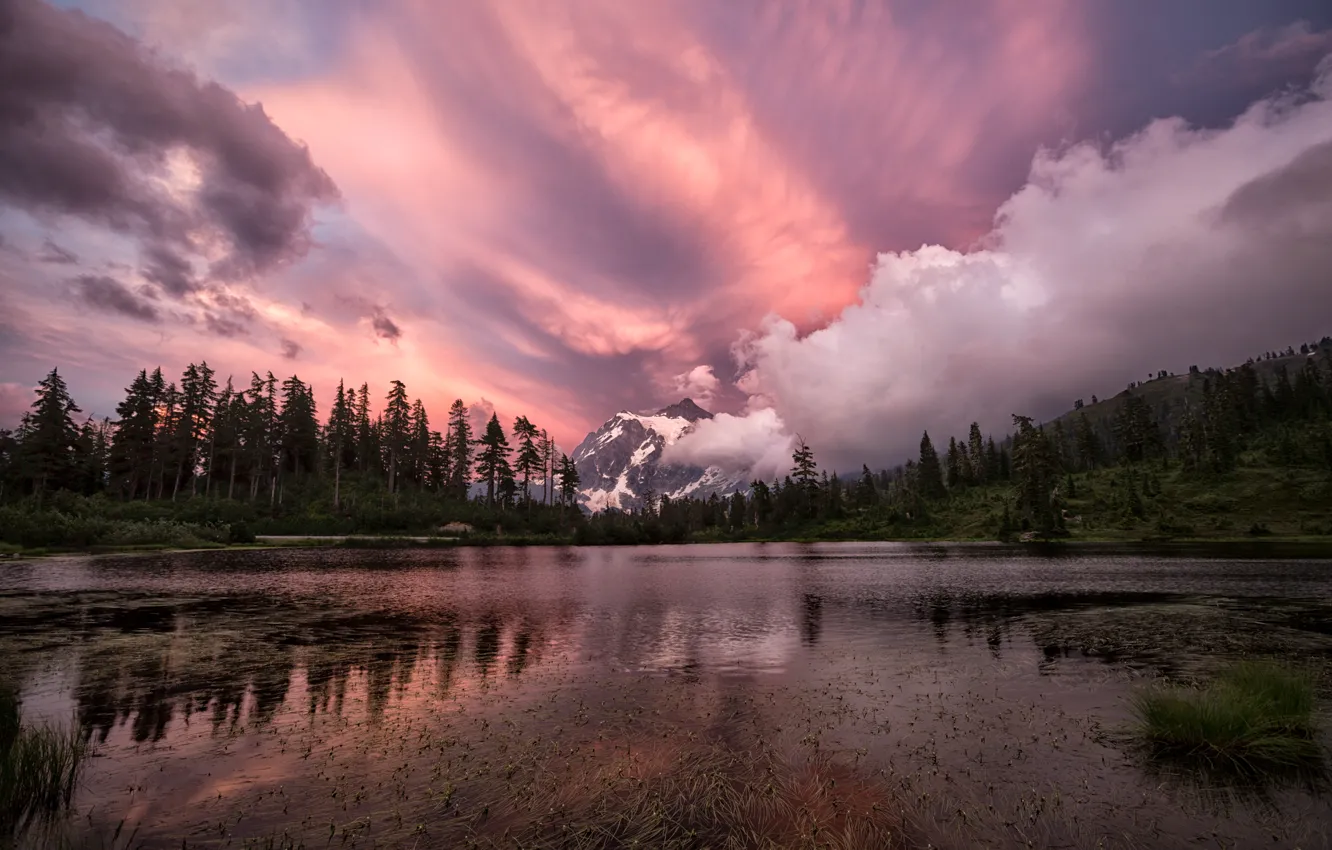 Фото обои лес, облака, закат, горы, озеро, мелководье