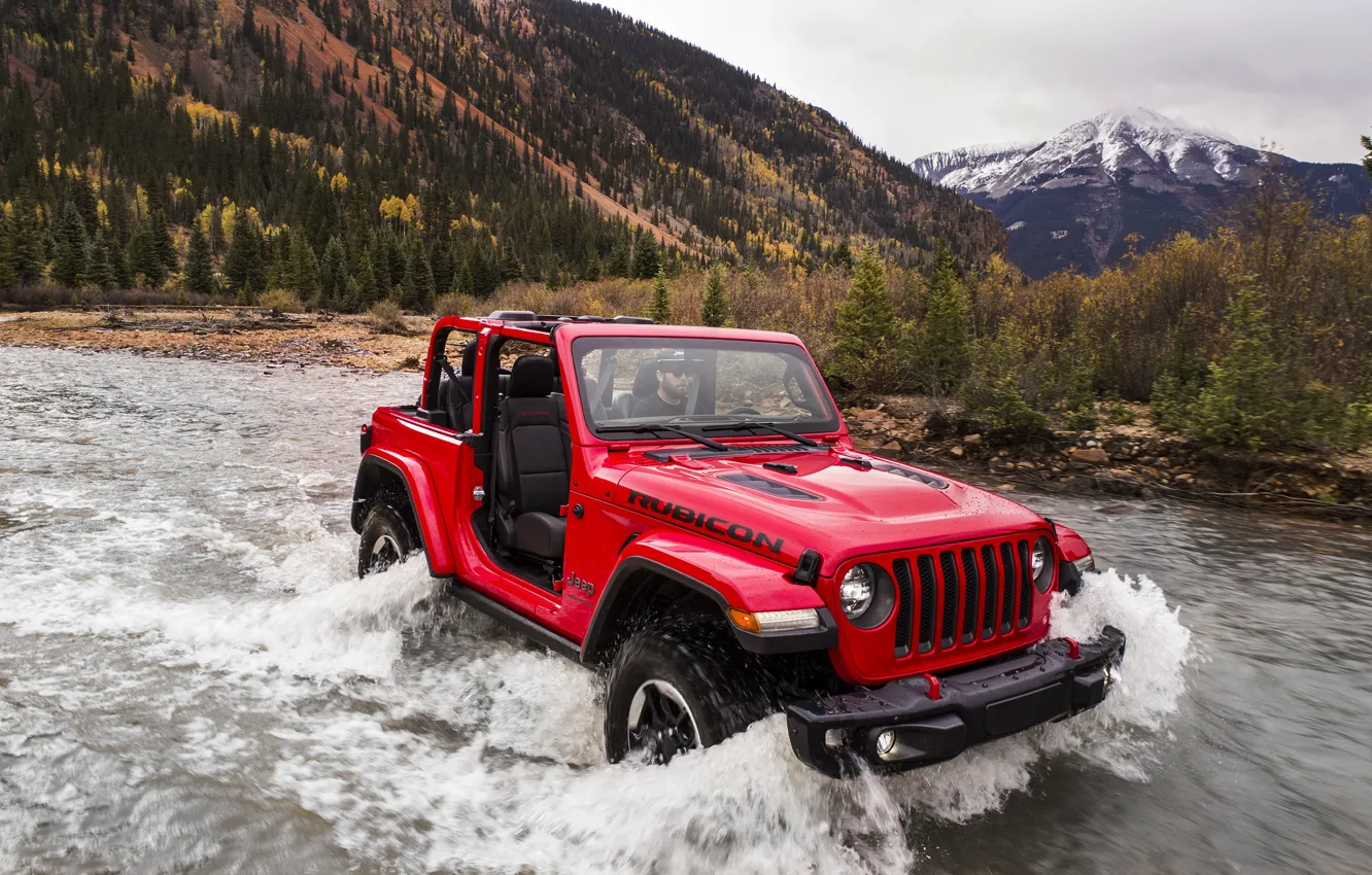 Фото обои вода, красный, ручей, движение, волна, 2018, Jeep, Wrangler Rubicon