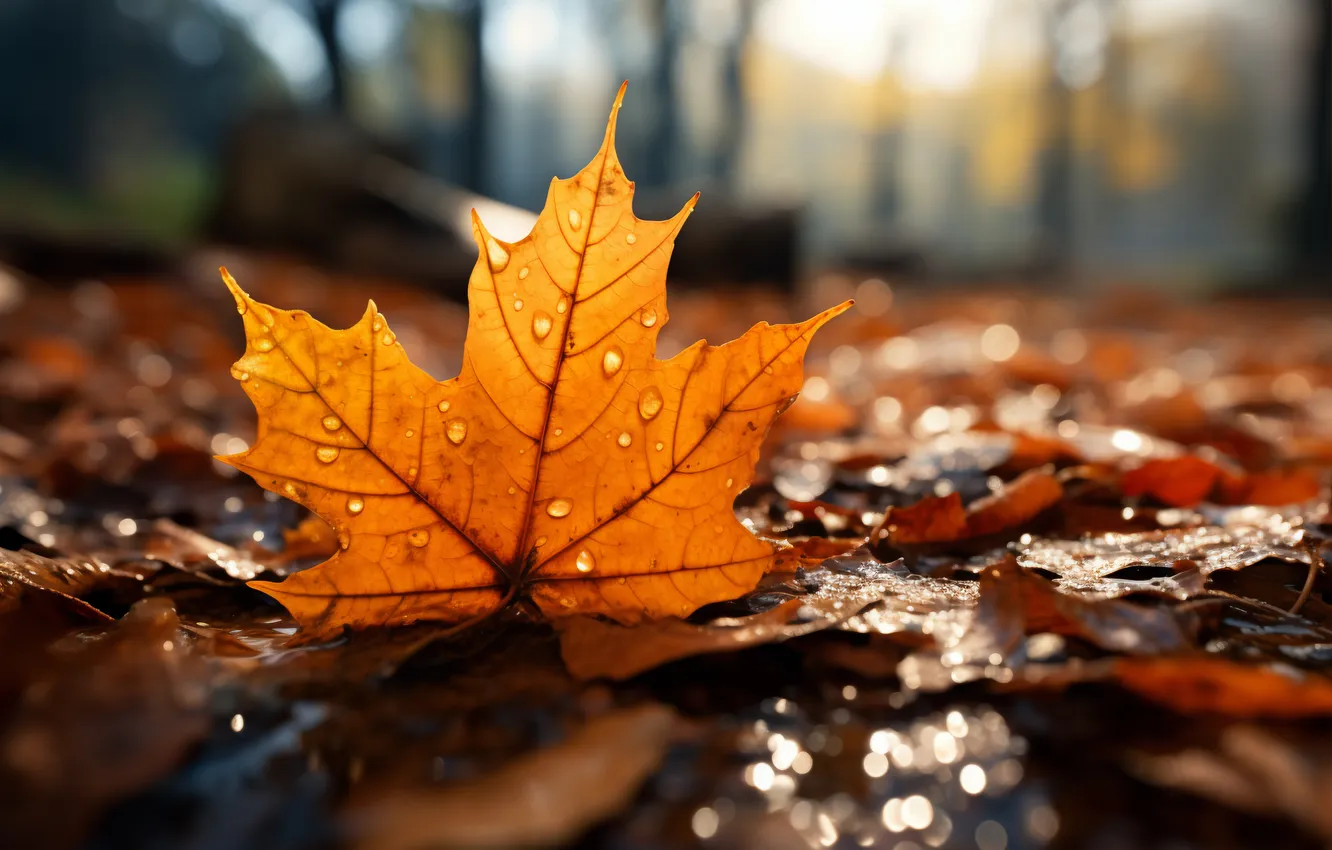 Фото обои осень, лес, листья, капли, дождь, rain, yellow, autumn