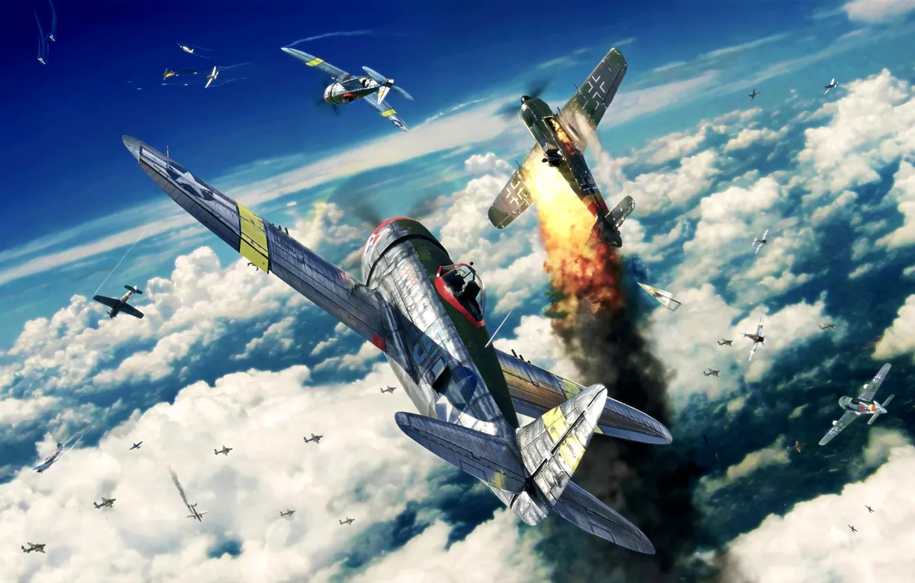 Фото обои Thunderbolt, P-47, Воздушный бой, WWII, Fw.190, Jug, P-47D