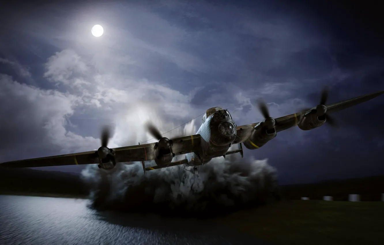 Фото обои Ночь, Луна, Бомбардировщик, Полнолуние, Avro 683 Lancaster