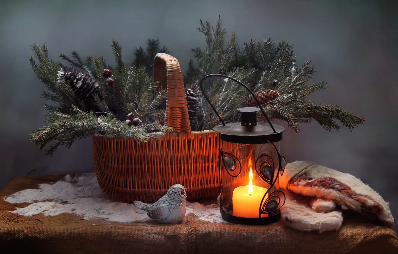 Фото обои ветки, праздник, корзина, новый год, рождество, свеча, ель, фонарь