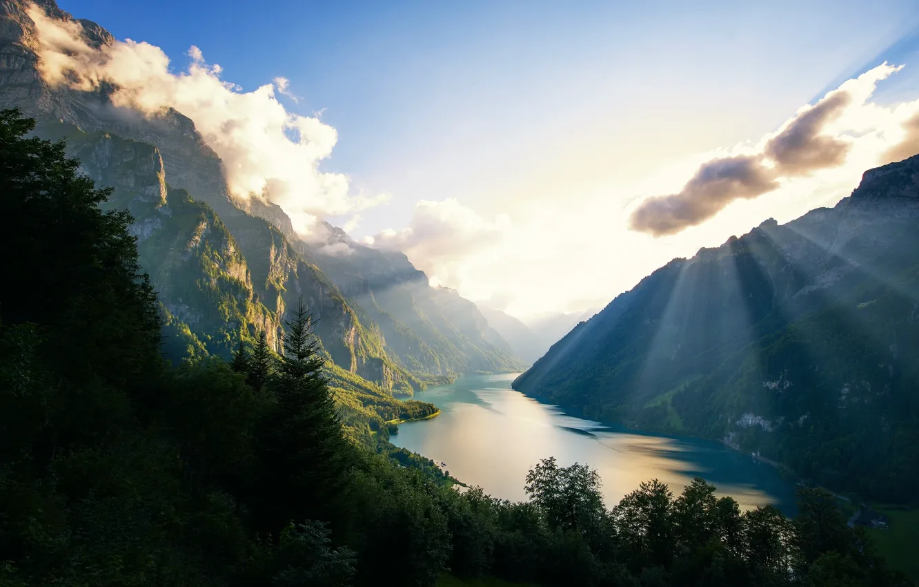 Фото обои горы, озеро, отдых, экстрим, леса, швейцария, альпы, супер фото