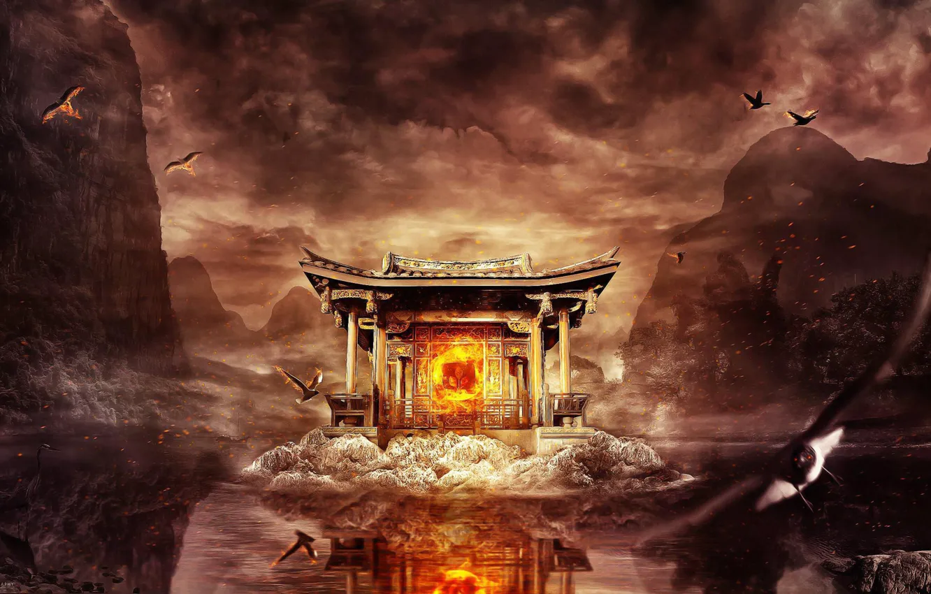 Фото обои горы, огонь, мистика, восток, горящие птицы, сумрачное небо, храм на озере