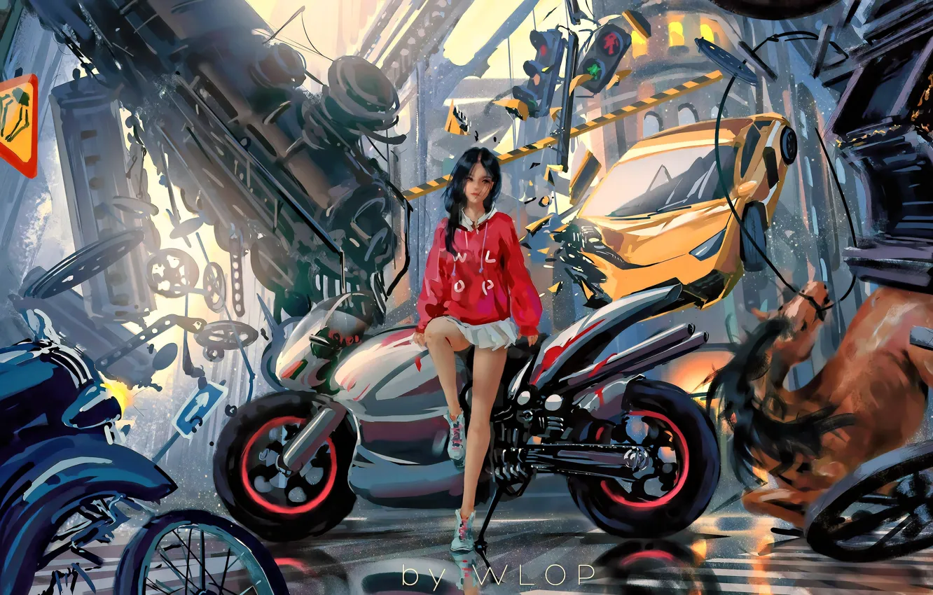 Фото обои car, city, girl, fantasy, game, science fiction, motorcycle, sci-fi
