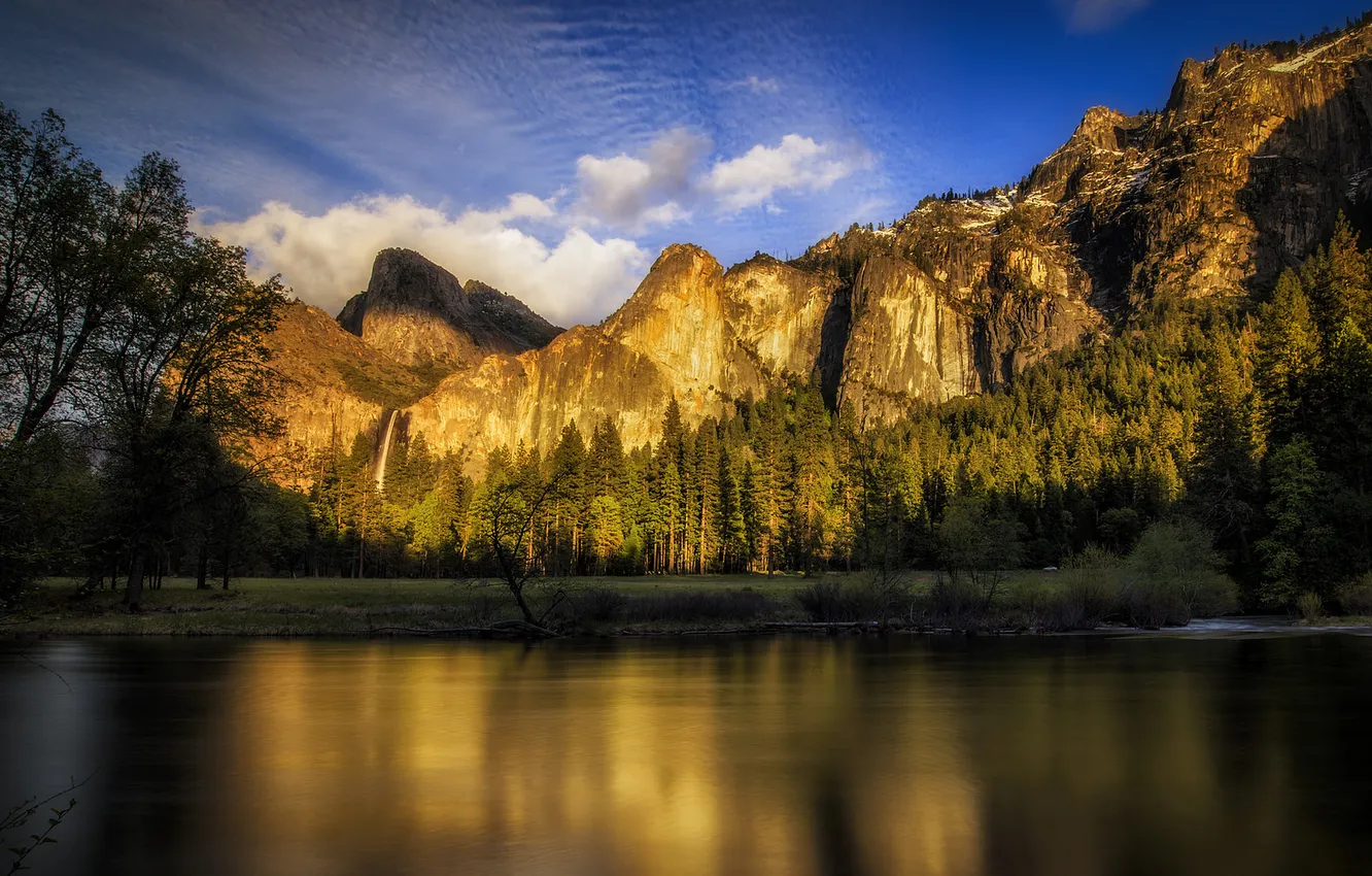 Фото обои небо, облака, деревья, закат, горы, река, США, Yosemite National Park