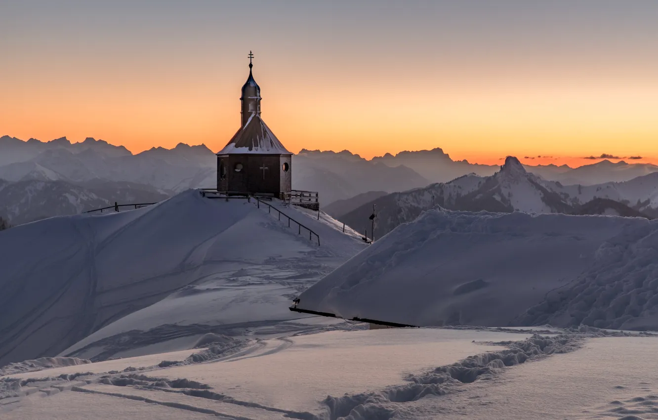 Фото обои зима, снег, горы, Германия, Бавария, церковь