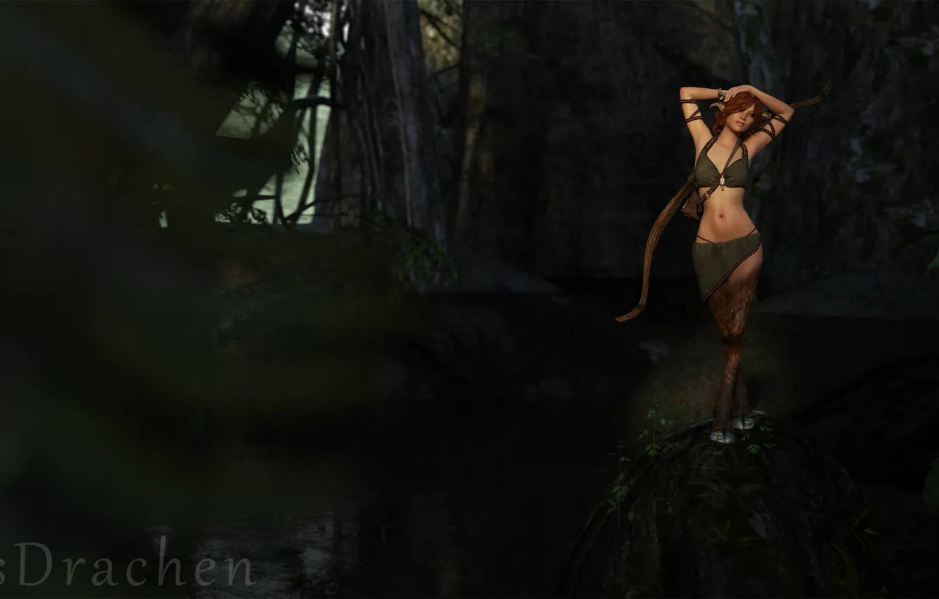 Фото обои Fantasy, Render, Fawn, Forest, Bow