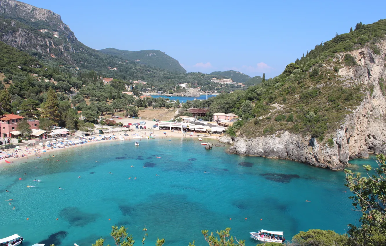 Фото обои море, пляж, скалы, бухта, Греция, залив, Палеокастрица, корфу