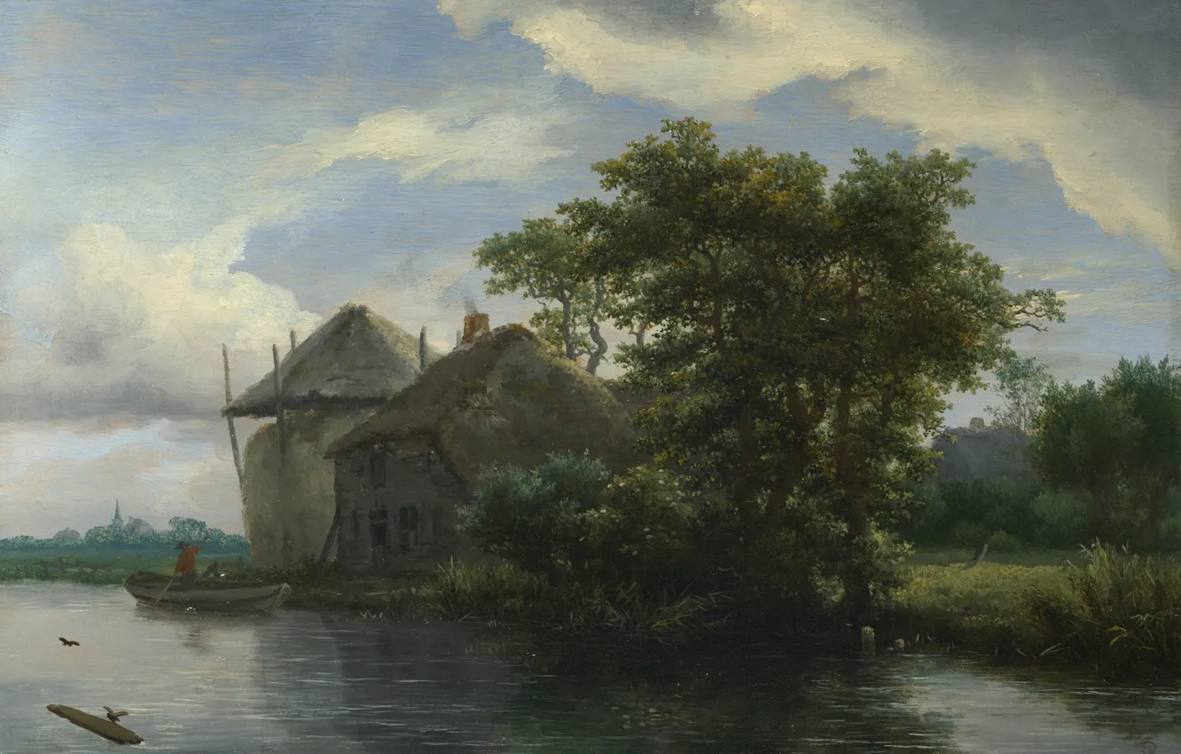 Фото обои пейзаж, картина, Якоб ван Рёйсдал, Jacob van Ruisdael, Коттедж и стог сена у реки