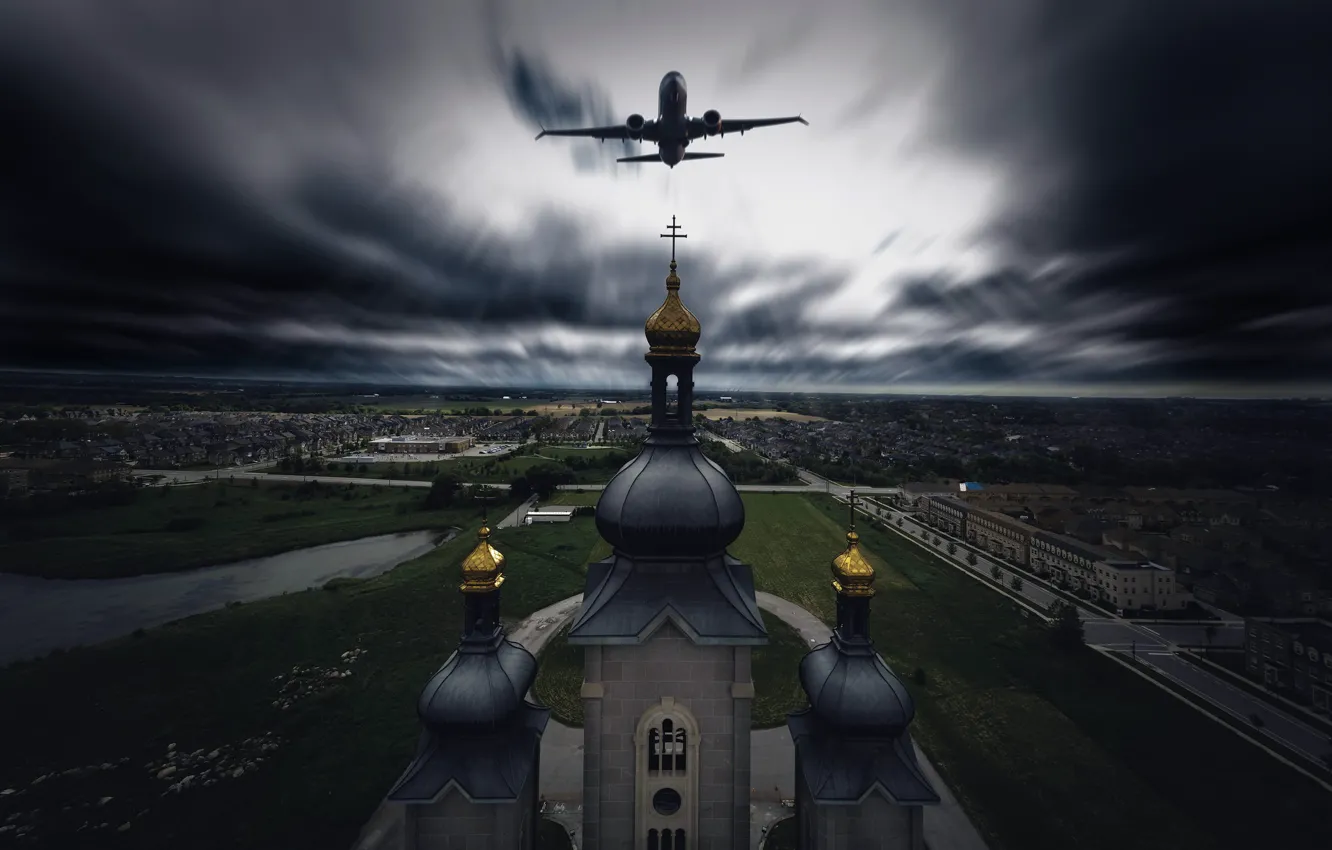 Фото обои город, храм, самолёт