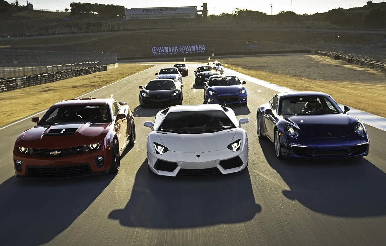 Фото обои гонка, класс, трек, спорткары, Chevrolet Camaro, McLaren MP4-12C, Lamborghini Aventador LP700-4, subaru brz 2.0s