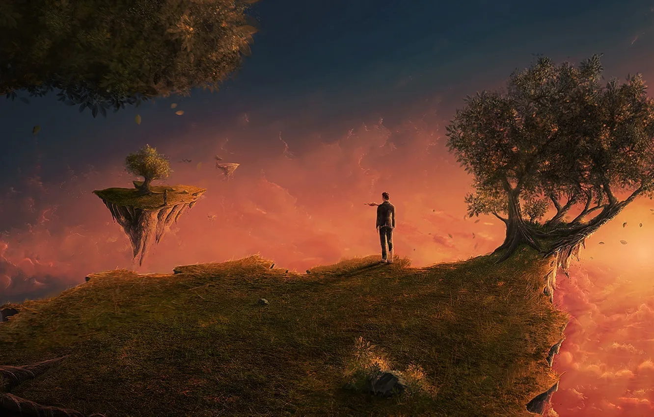 Фото обои облака, дерево, clouds, flying islands, летающие острова, a tree, одинокая фигура, a lonely figure