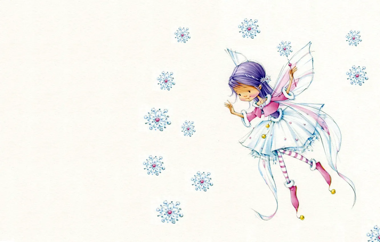 Фото обои праздник, сказка, арт, девочка, Новый год, снежинка, волшебная палочка, детская