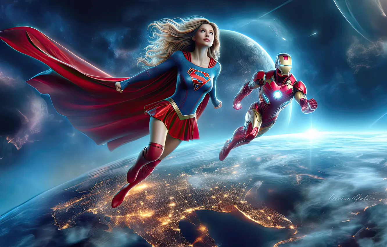 Фото обои supergirl, iron-man, fantast art