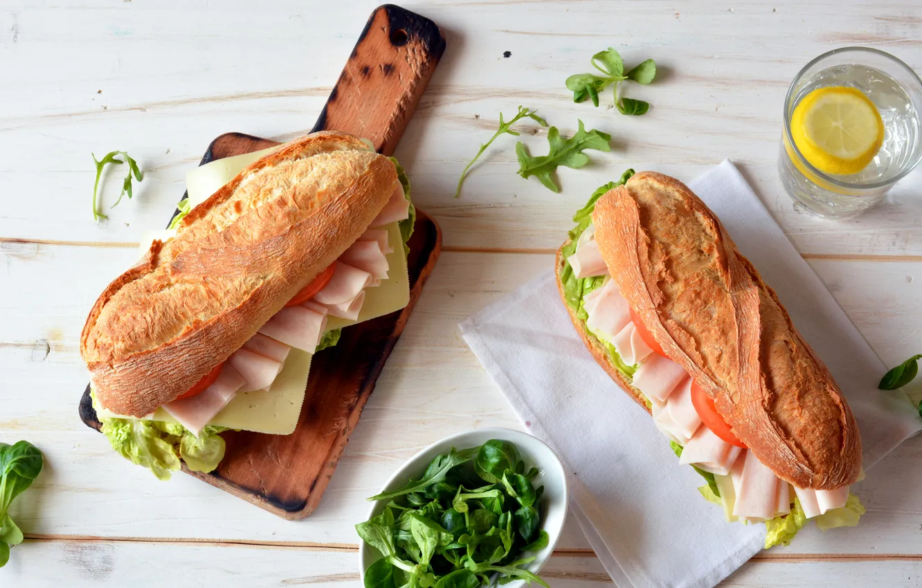 Фото обои зелень, сыр, хлеб, бутерброд, помидор, булочки, cheese, ветчина