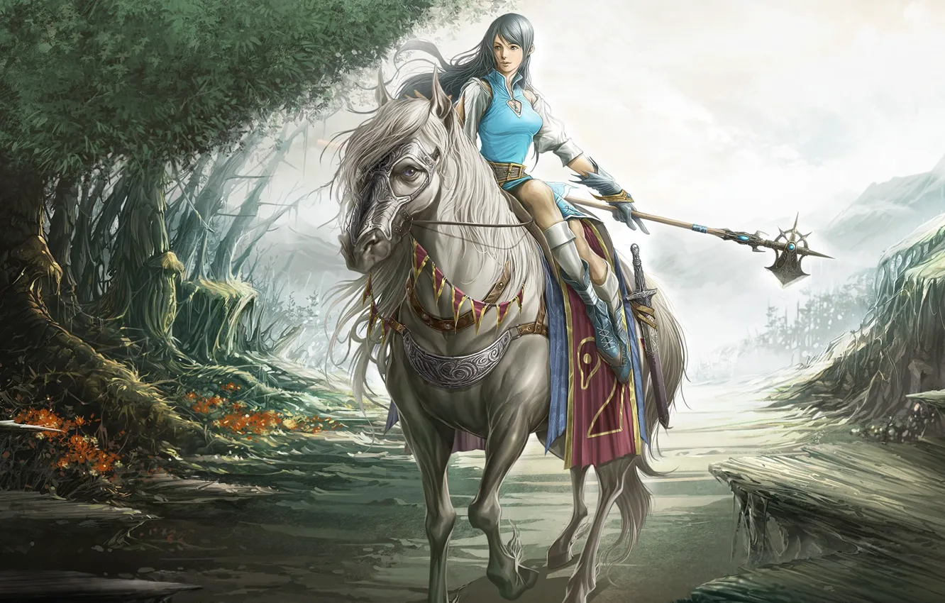 Фото обои лес, оружие, лошадь, Девушка, сказка, меч