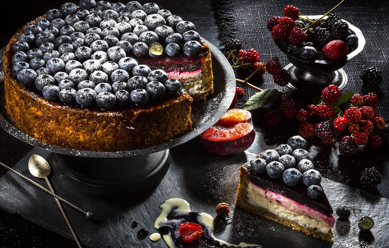 Фото обои ягоды, торт, персик, ежевика, голубика