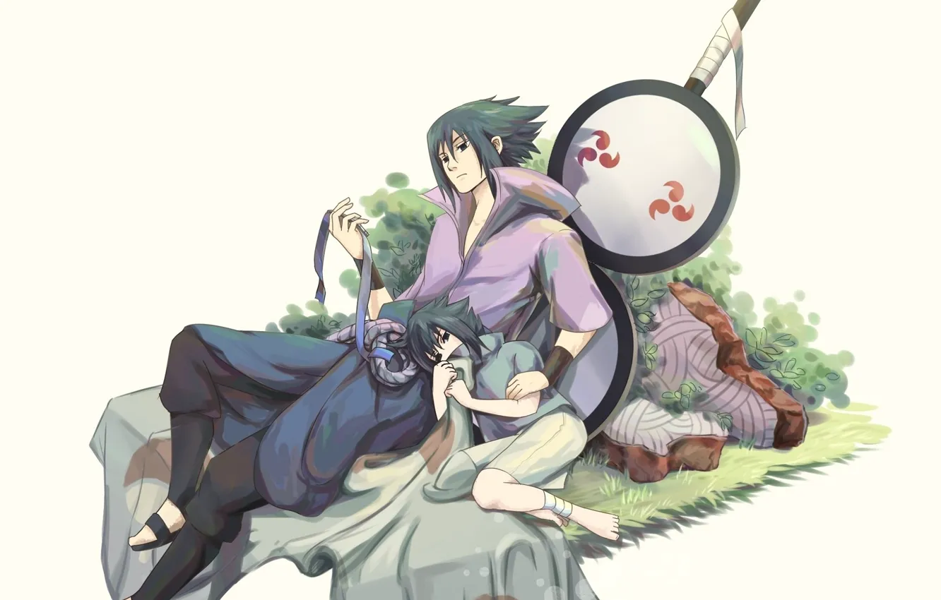Фото обои трава, мальчик, белый фон, эмблема, Naruto, ninja, Sasuke Uchiha