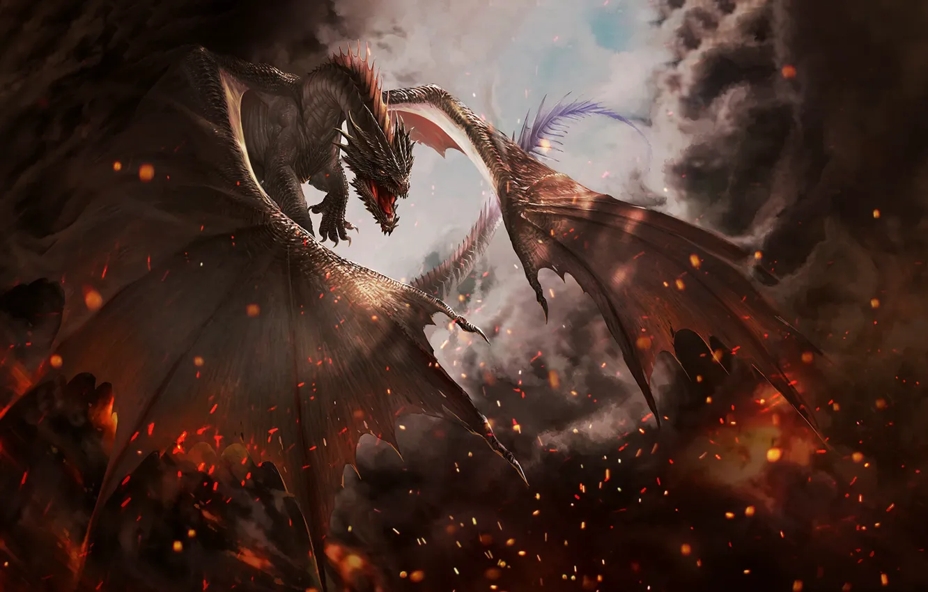Фото обои Небо, Дракон, Дым, Огонь, Fantasy, Dragon, Арт, Art