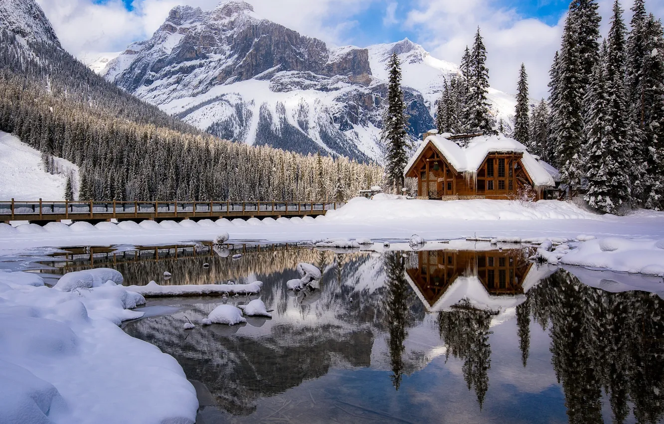 Фото обои зима, снег, горы, природа, Канада, домик