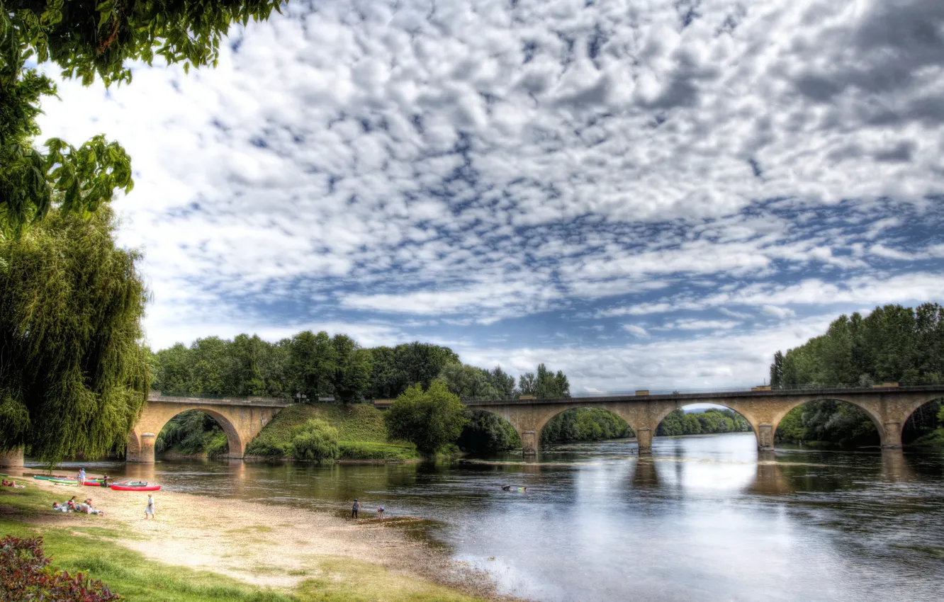 Фото обои небо, облака, мост, природа, фото, HDR, Aquitaine Limeuil, река Франция
