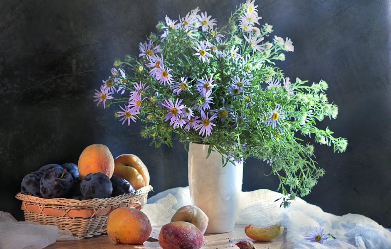 Фото обои цветы, букет, ваза, миска, натюрморт, абрикос, слива, Still Life