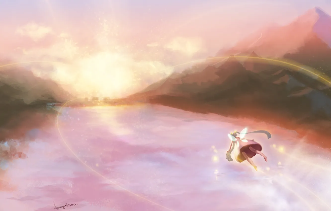 Фото обои небо, девушка, солнце, закат, горы, озеро, крылья, арт