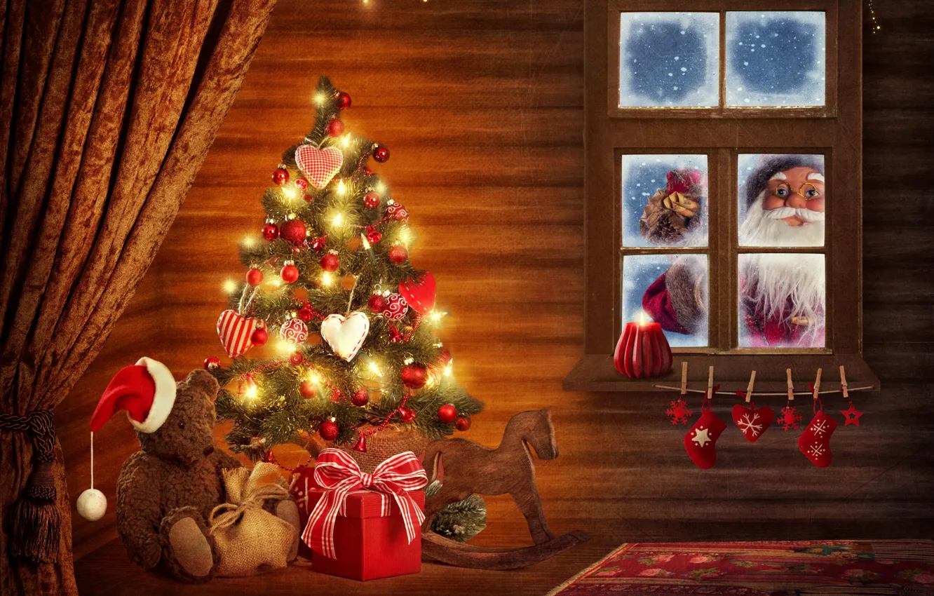 Фото обои украшения, окна, елка, новый год, рождество, шляпа, капот, мишка