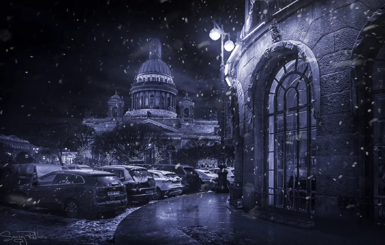 Фото обои зима, авто, снег, ночь, город, улица, фонари, Санкт-Петербург