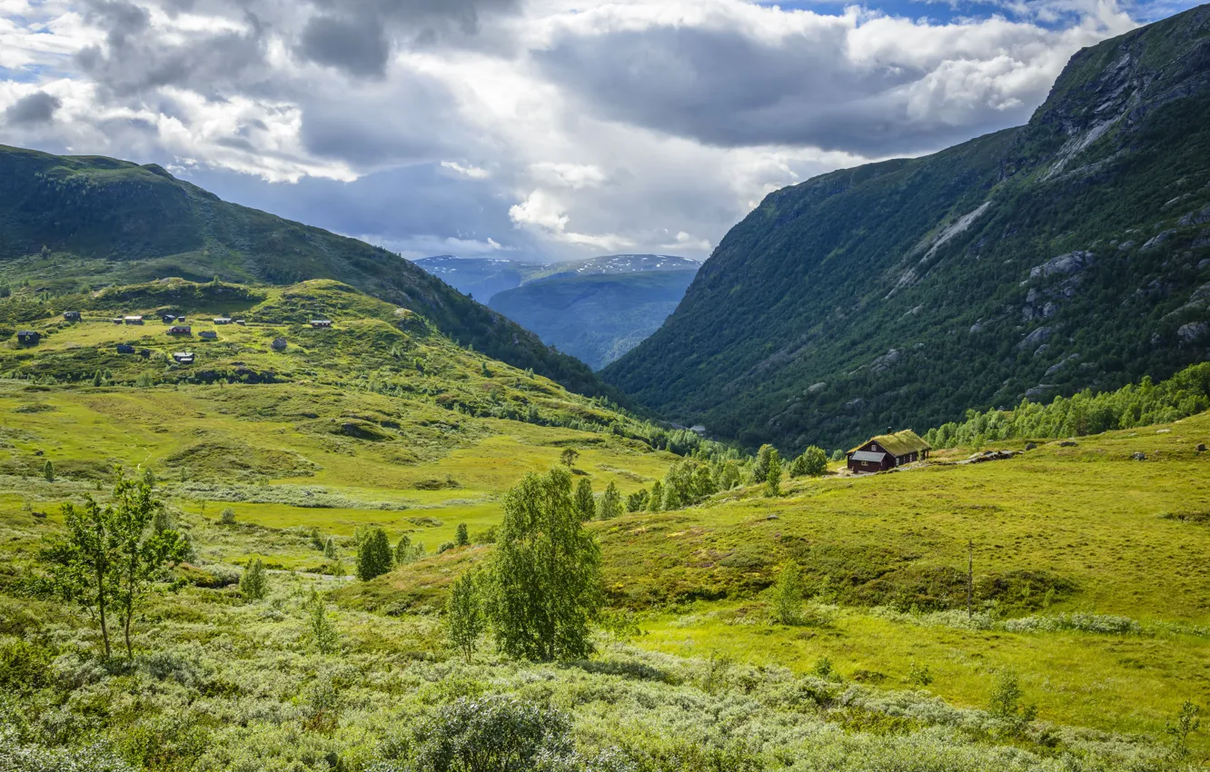 Фото обои Природа, Облака, Луга, Горы, Норвегия, Tindevegen