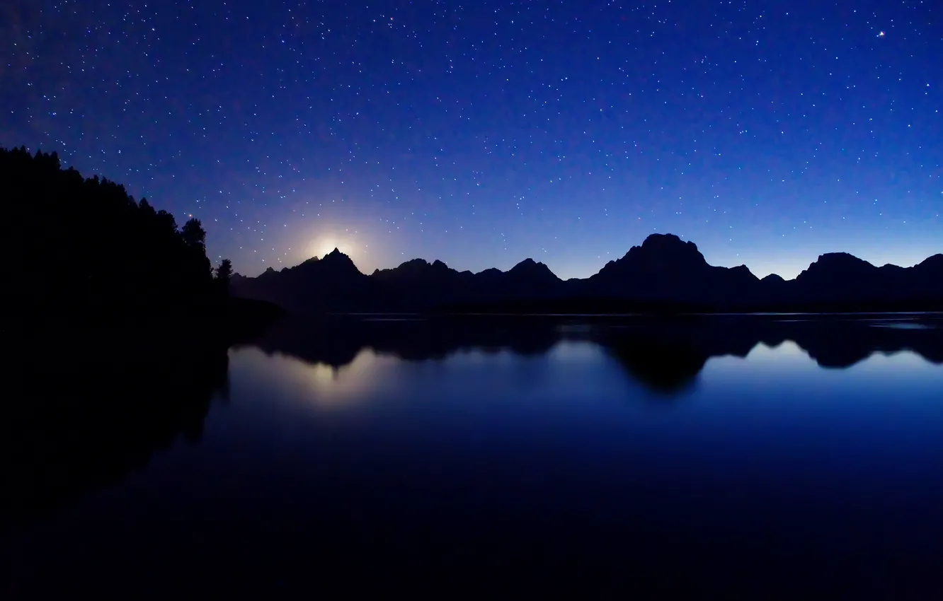 Фото обои звезды, свет, горы, ночь, озеро, луна, Джексон
