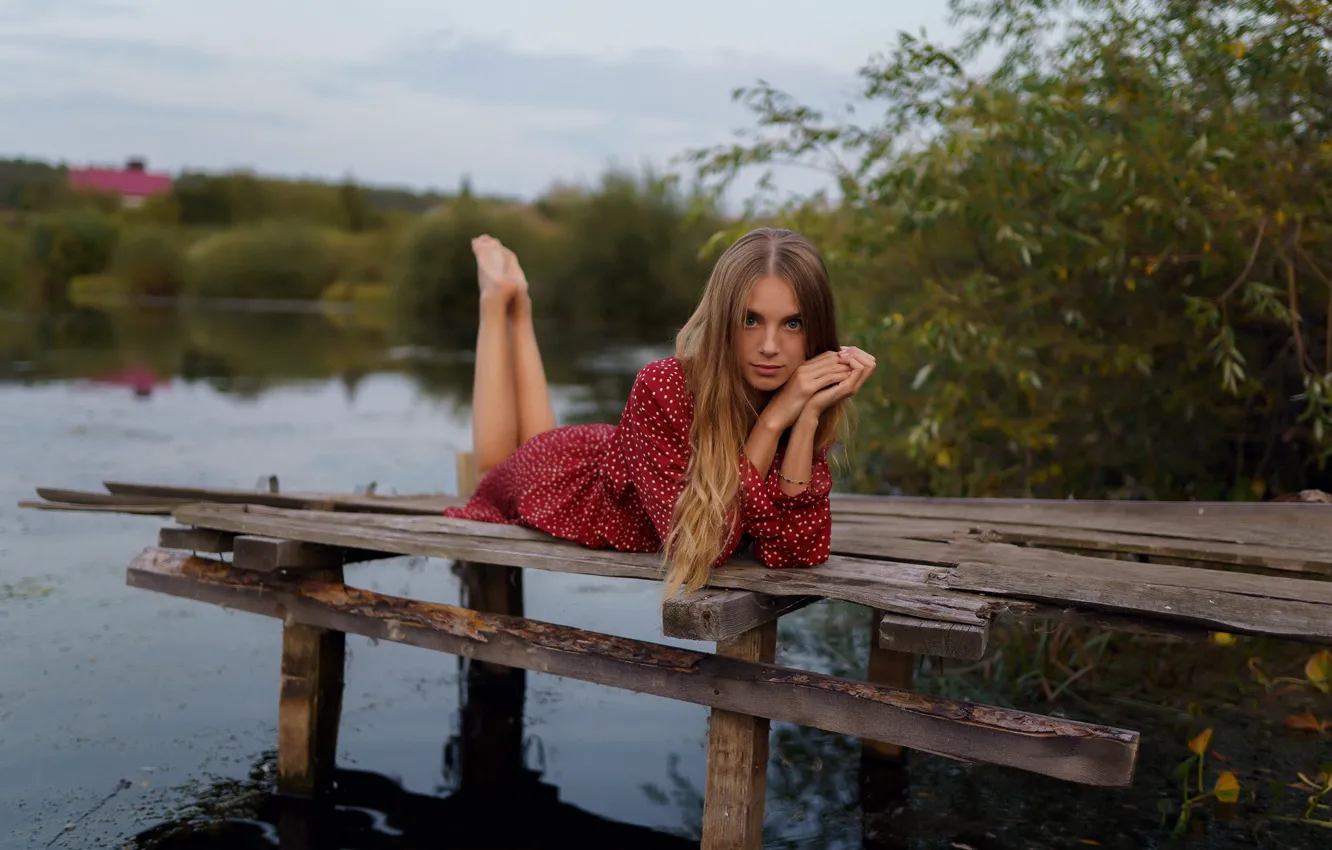 Фото обои girl, sky, dress, trees, nature, water, clouds, lake