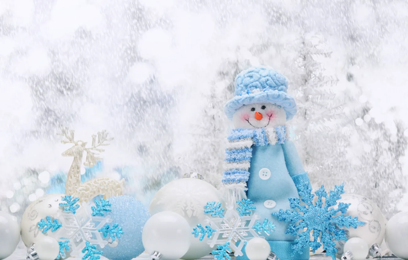 Фото обои Шарики, Снежинки, Новый год, Праздник, Снеговик