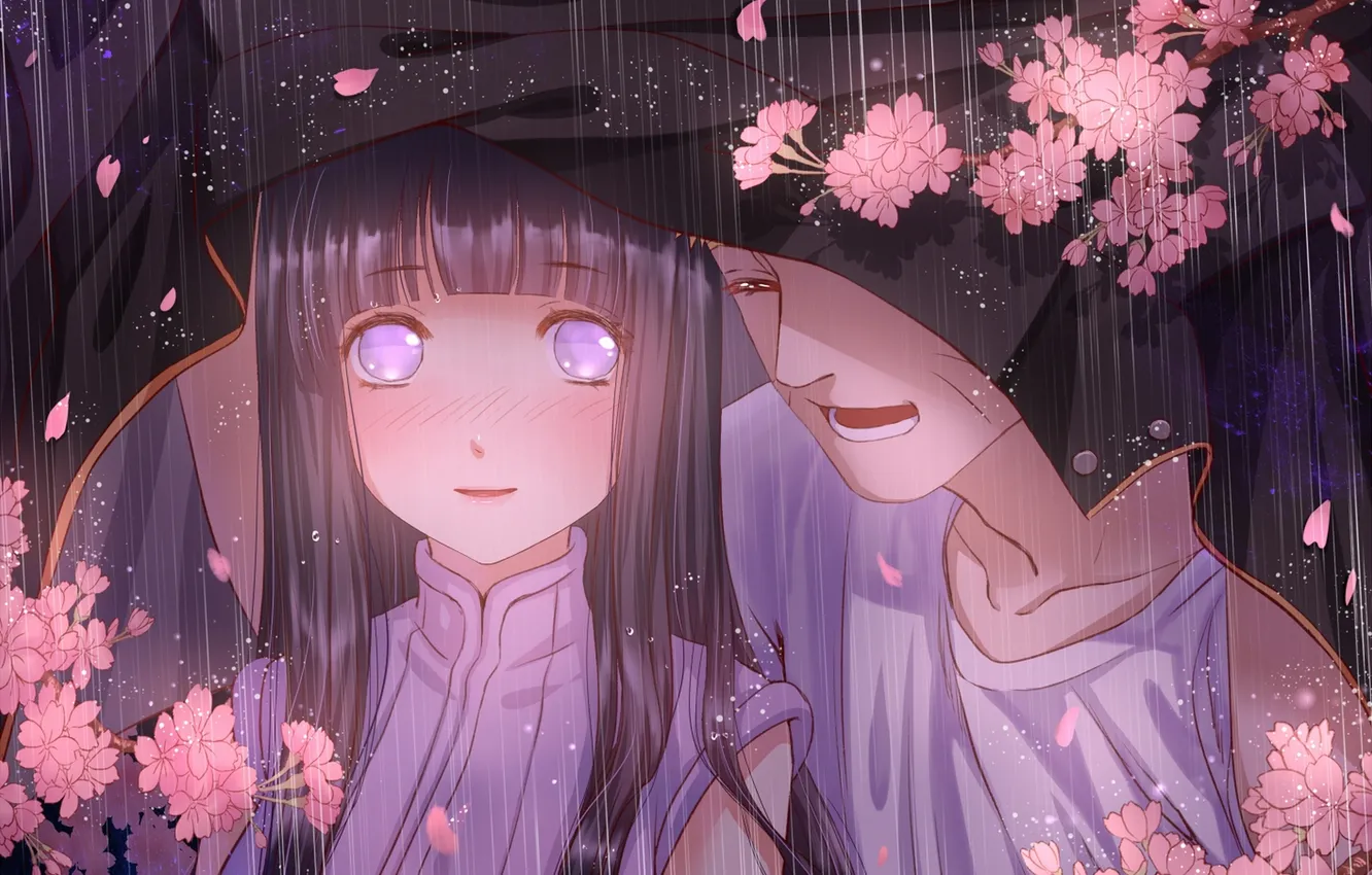 Фото обои девушка, цветы, дождь, аниме, сакура, арт, наруто, парень
