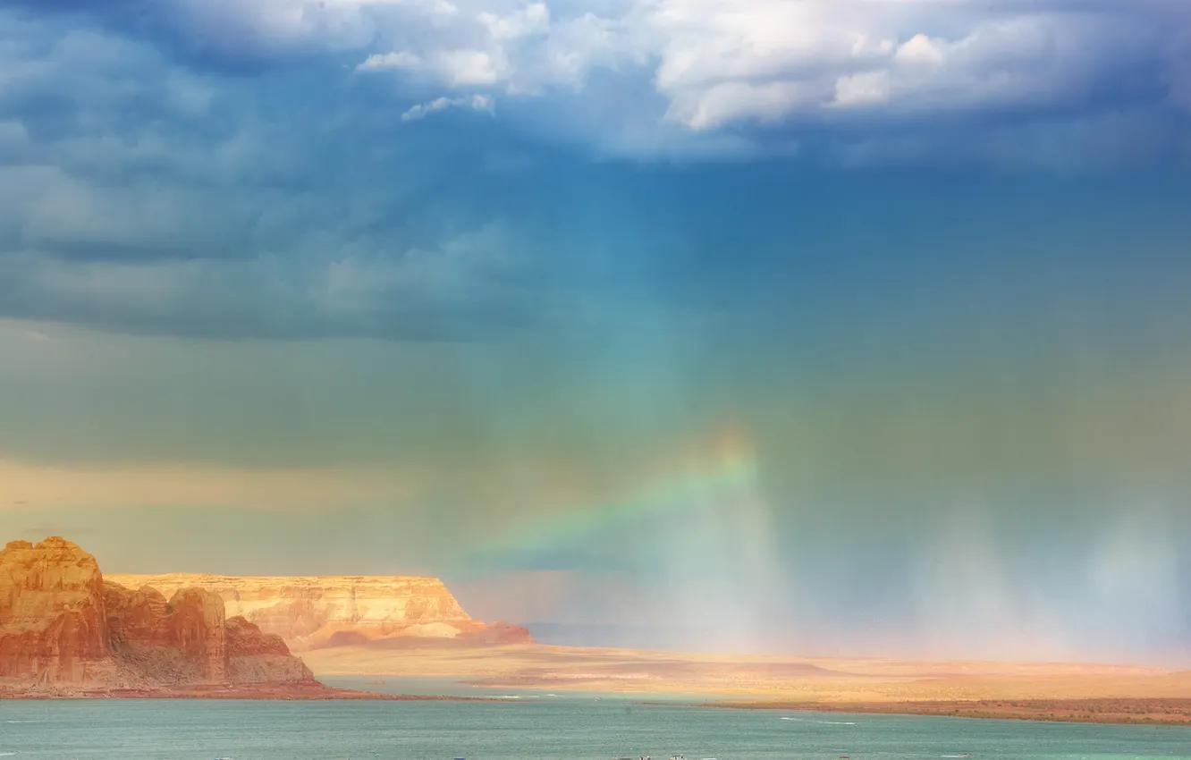 Фото обои небо, вода, свет, скалы, радуга