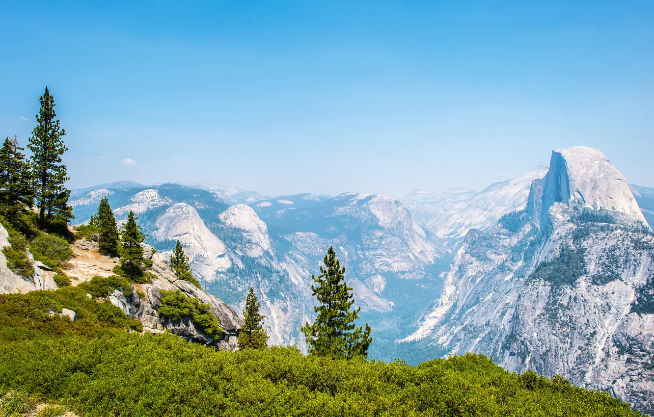 Фото обои деревья, горы, камни, скалы, Калифорния, панорама, США, Йосемити