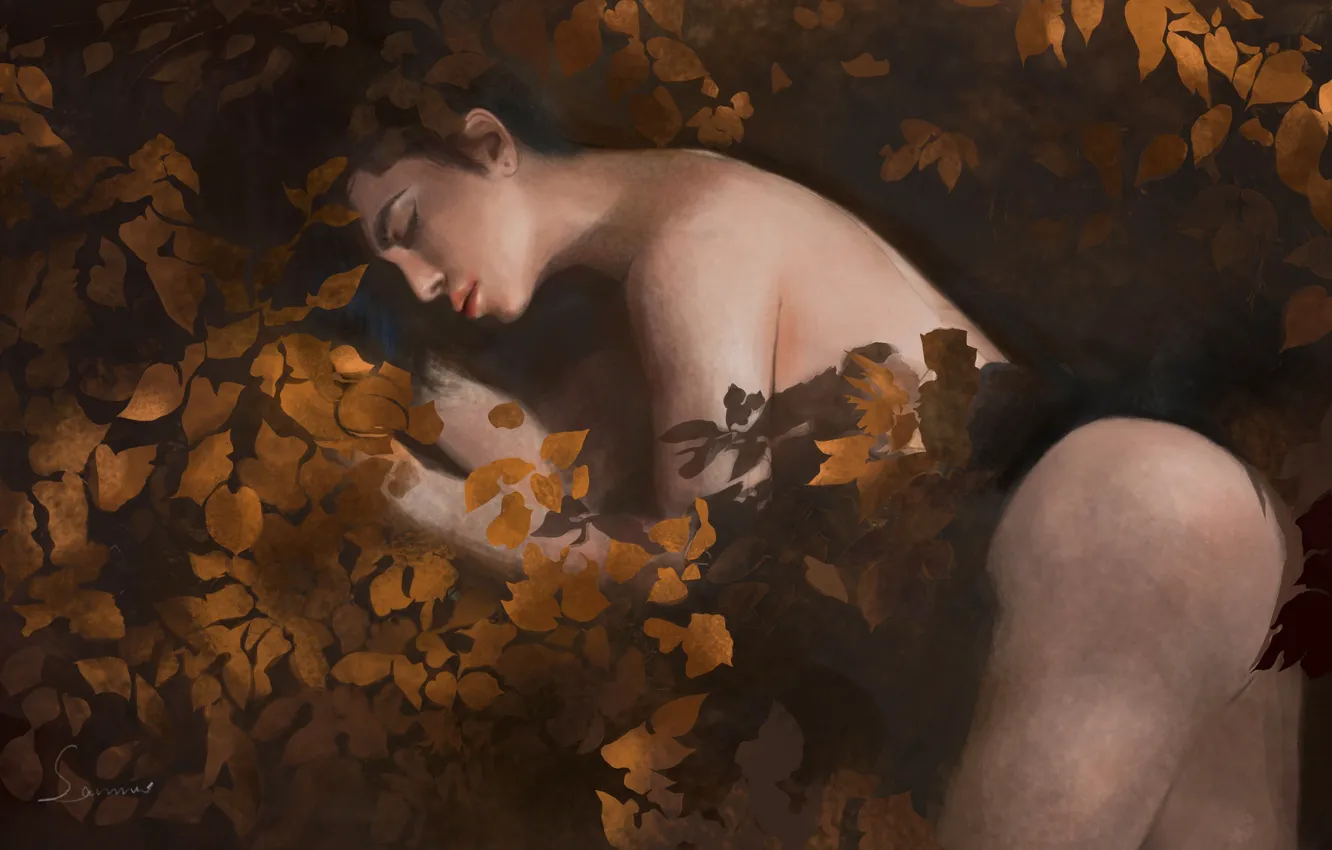Фото обои обнаженная, темная вода, в воде, закрытые глаза, опавшая листва, спящая женщина, by Sam Mao