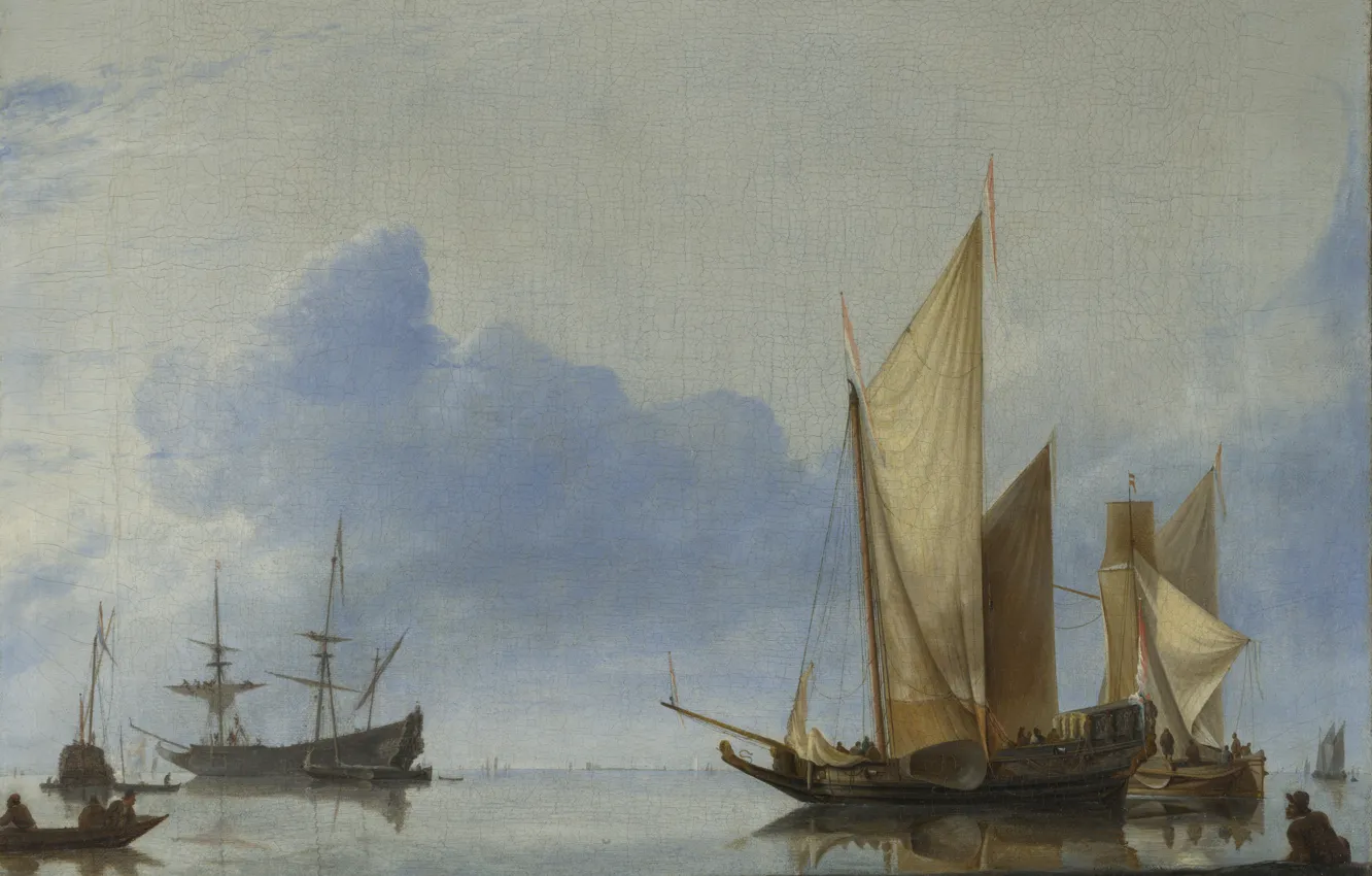 Фото обои море, корабль, картина, парус, Hendrick Dubbels, Голландская Яхта и Другие Суда Возле Берега