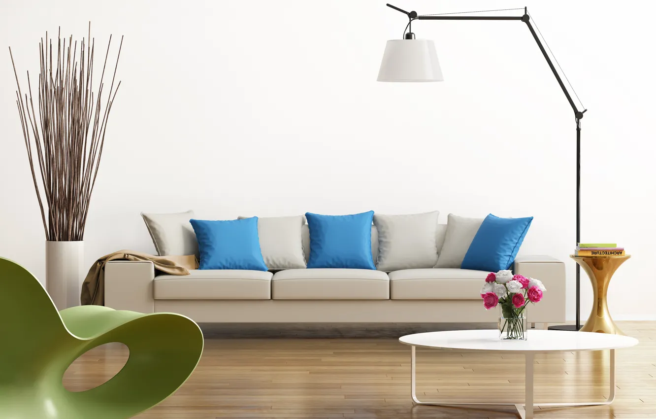 Фото обои дизайн, зеленый, серый, голубой, интерьер, кресло, подушки, столик