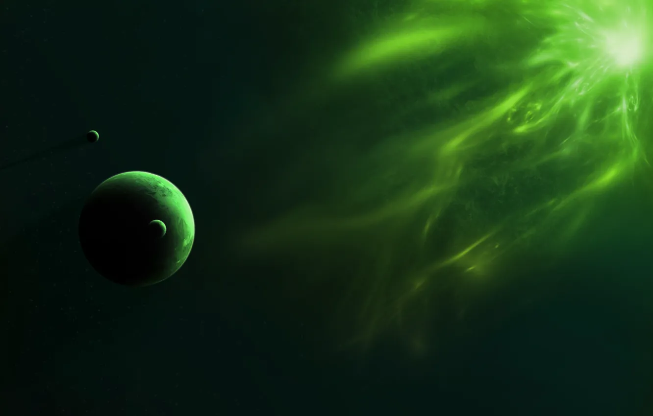 Фото обои звезды, свет, планета, спутник, излучение