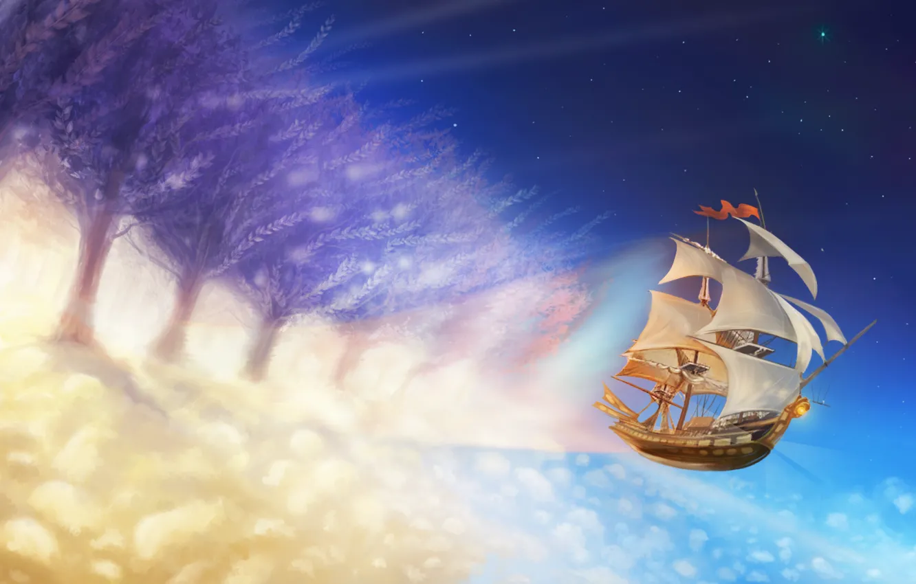 Фото обои облака, свет, деревья, полет, рисунок, корабль, парусник