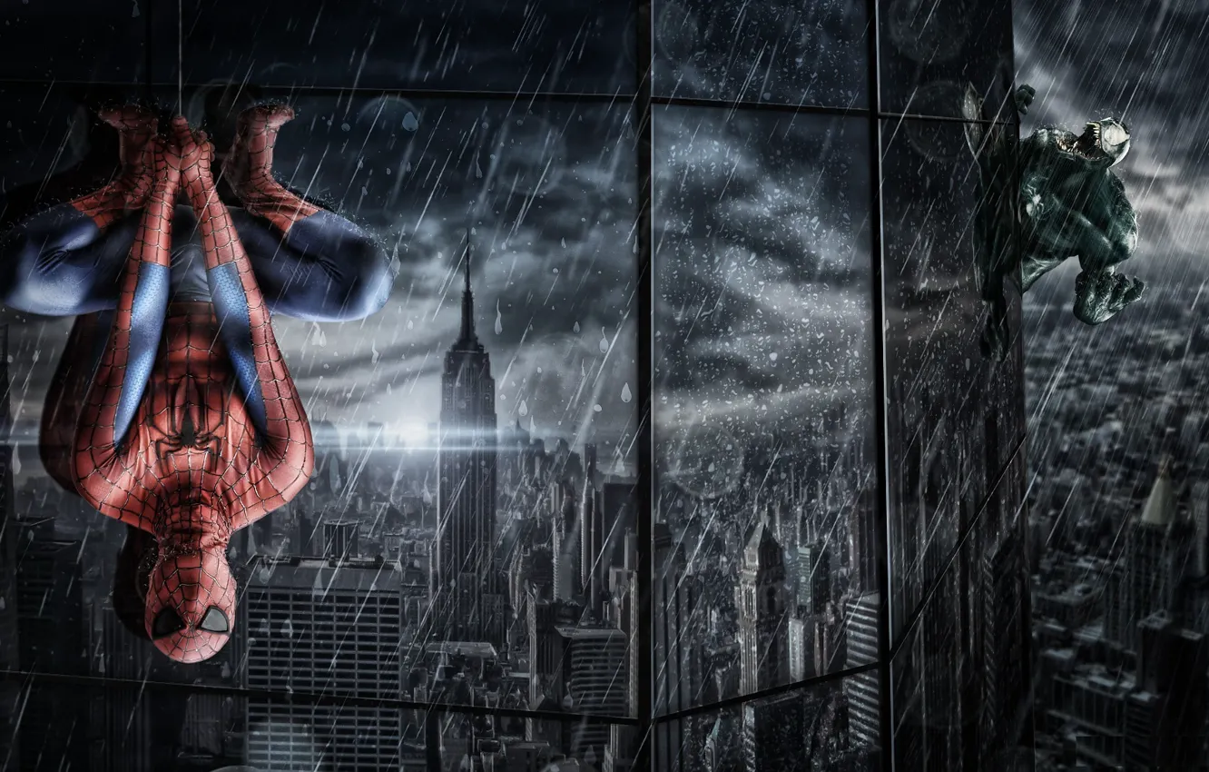 Фото обои отражение, дождь, здание, окна, паутина, костюм, ливень, висит
