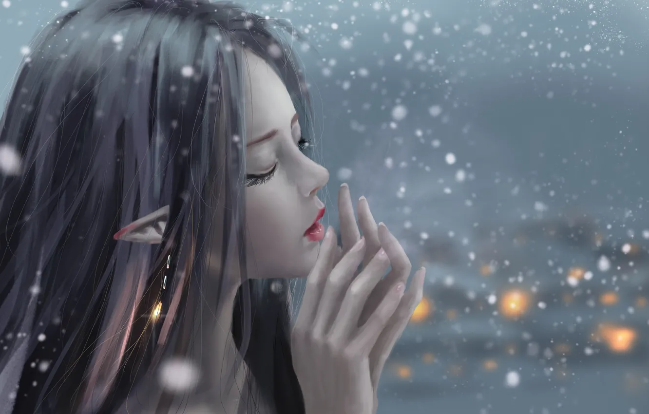 Фото обои girl, fantasy, snow, artist, elf, digital art, artwork, fantasy art