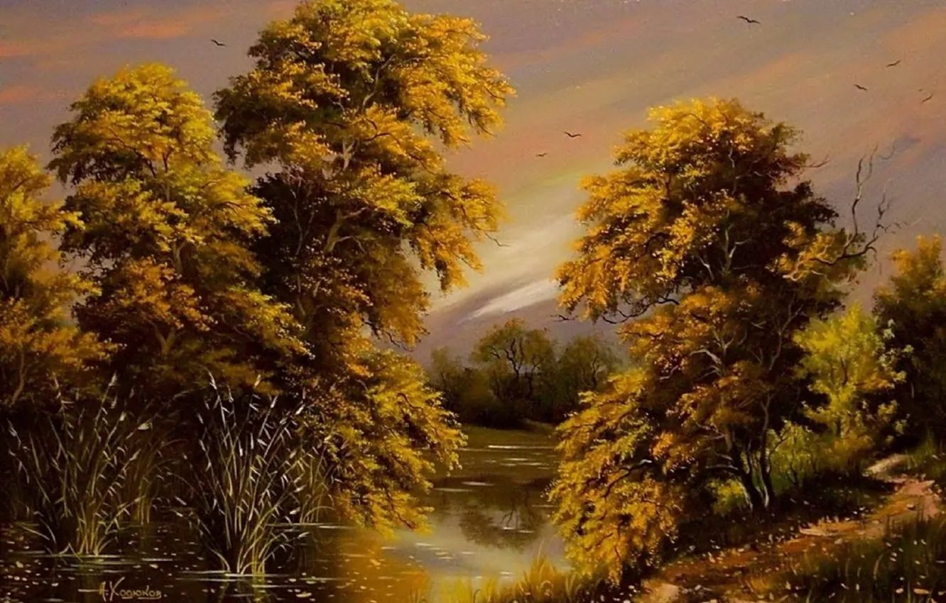 Фото обои осень, небо, вода, деревья, пейзаж, птицы, река, обои
