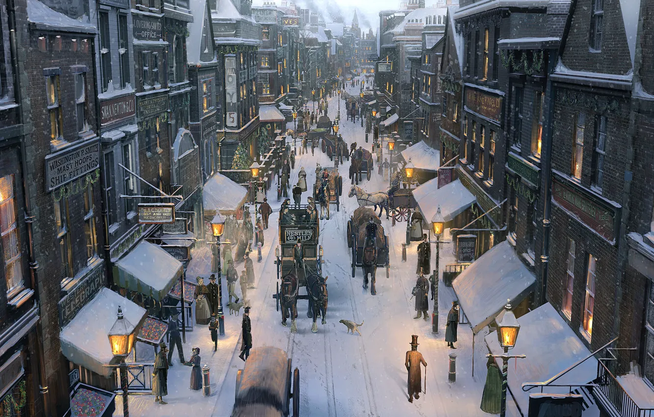 Фото обои зима, снег, город, люди, улица, лошади, арт, фонари