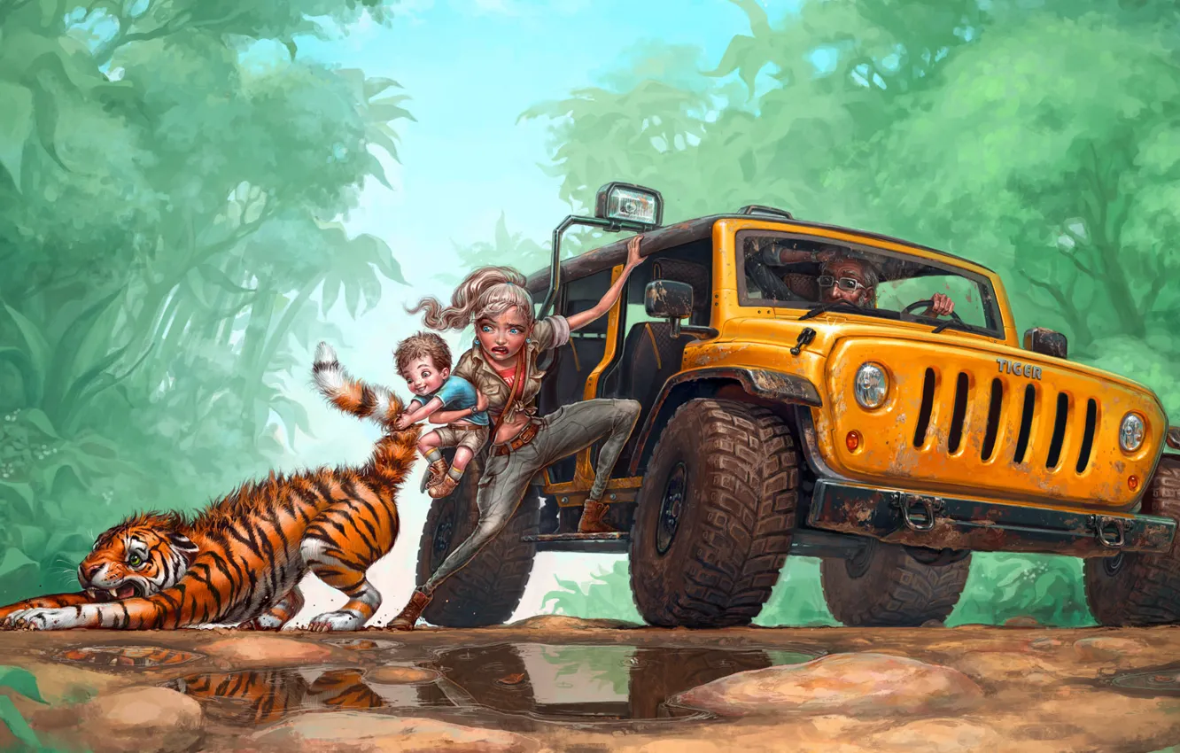 Фото обои дорога, ребенок, семья, джунгли, арт, джип, лужи, тигренок