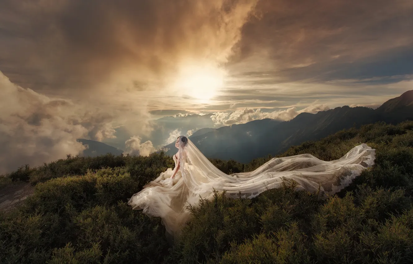 Фото обои небо, девушка, облака, платье, свадебное